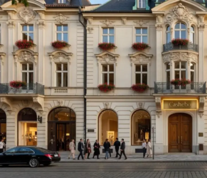 Cashebo exterior on Na Příkopě in central Prague at dusk