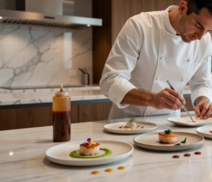 Chef's tasting menu course being plated in the Cashebo kitchen