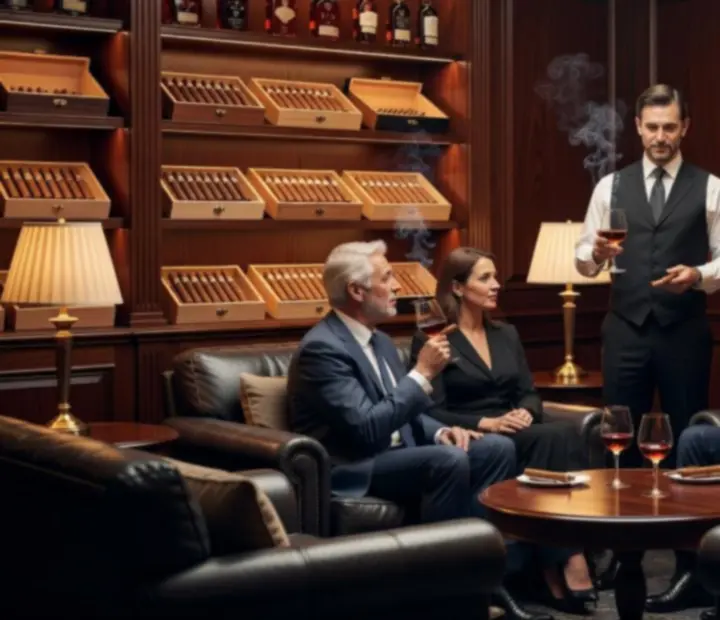 Dimly lit cigar and cognac lounge with leather seating and premium bottles on display.