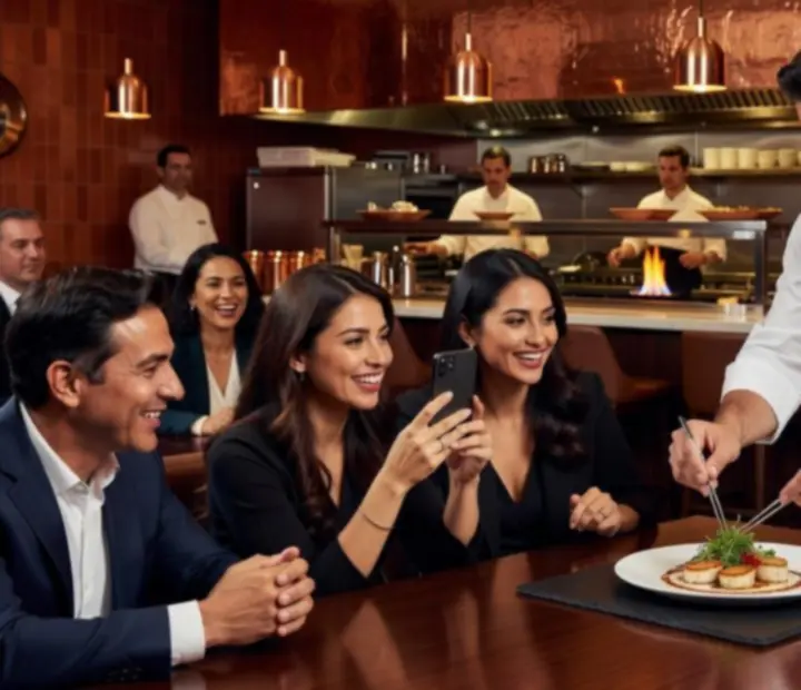 Chef performing a live culinary showcase in front of seated guests.