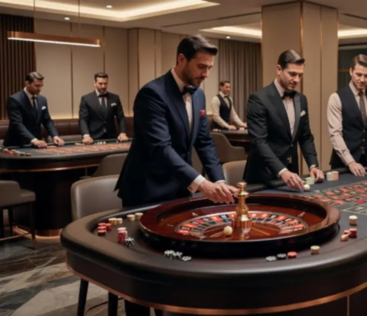 Elegant gaming salon at Cashebo with roulette table and warm ambient lighting.