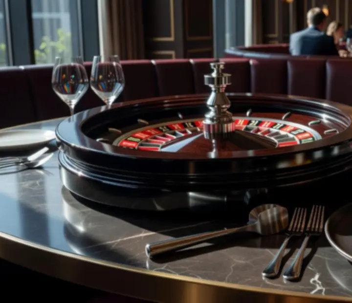 Editorial aerial view blending a premium roulette table with fine-dining plating, representing Cashebo's integrated casino and restaurant architecture.