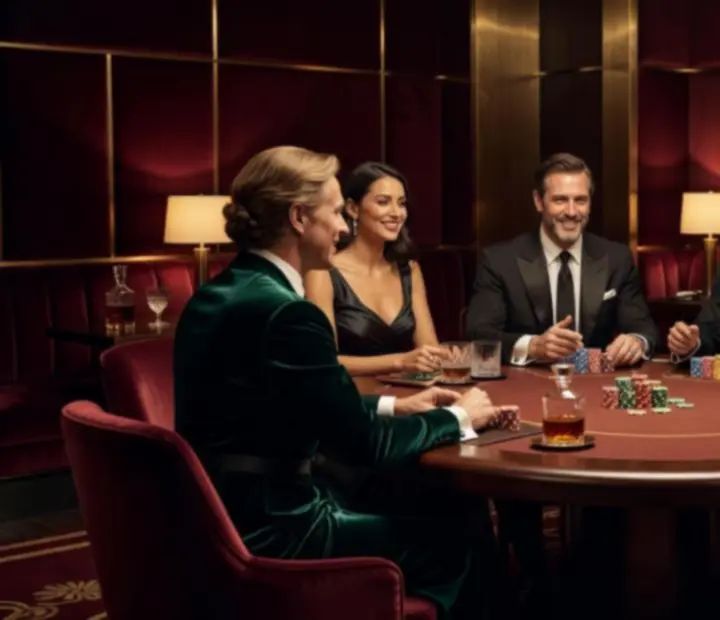 Players seated at a poker table in a velvet-lined lounge at Cashebo.