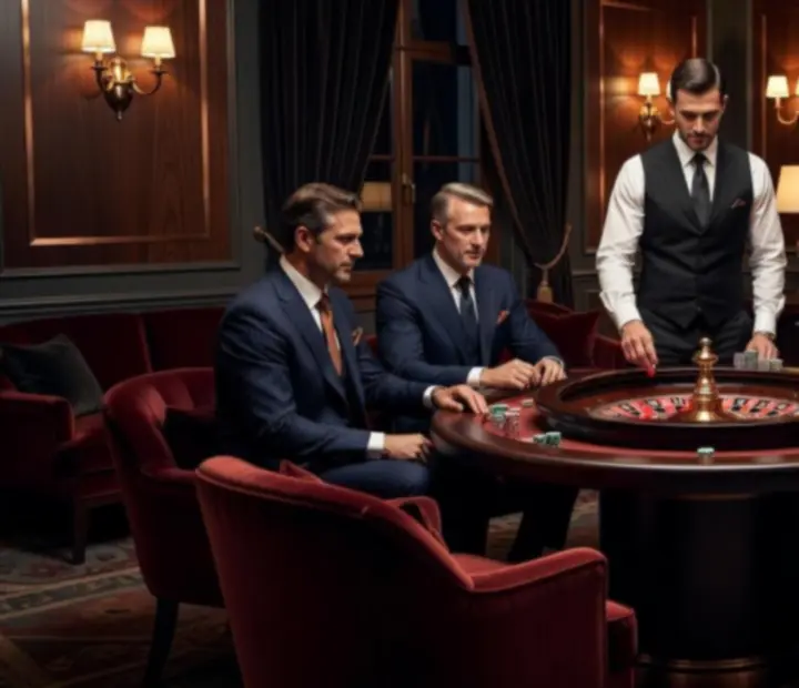 Private gaming salon with roulette and card tables under soft, focused lighting.