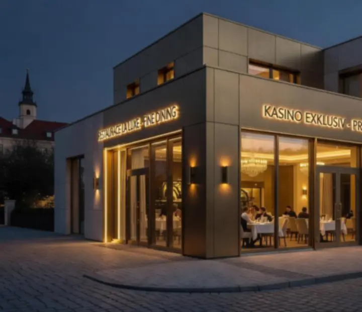 Exterior of a contemporary Czech luxury casino with integrated fine-dining restaurant, bathed in warm evening light.