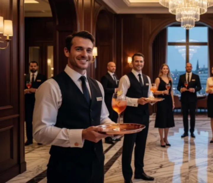 Host welcoming guests with signature cocktails in a warm, contemporary reception area.